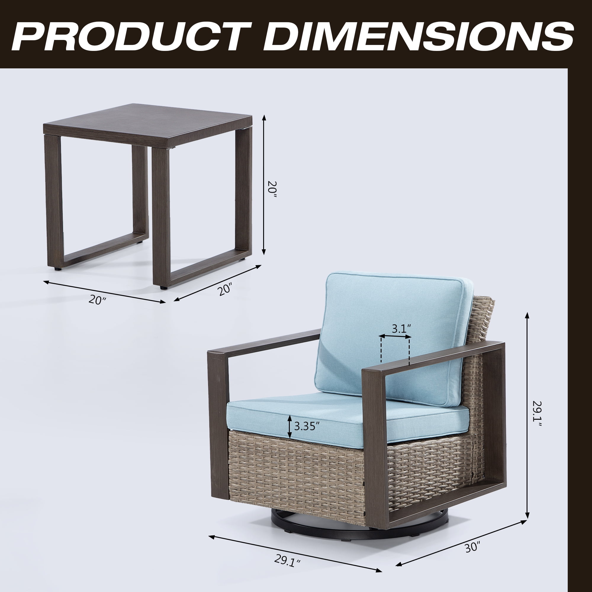 MeetLeisure Outdoor Swivel Rocker Metal Chairs Set of 2 with Small Coffee Table, 3 Pieces Patio Bistro Set with 360 Degree Glider Chairs & Wood-Looking Metal Armrest, Sky Blue