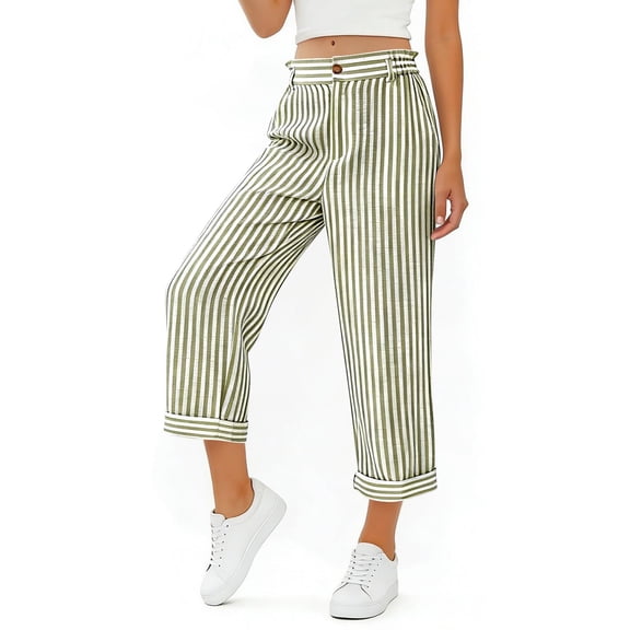 Ruimatai Women's Casual Striped Capri Pants Elastic Waist Button Zipper Pockets Cropped Trousers Summer Casual Outfits