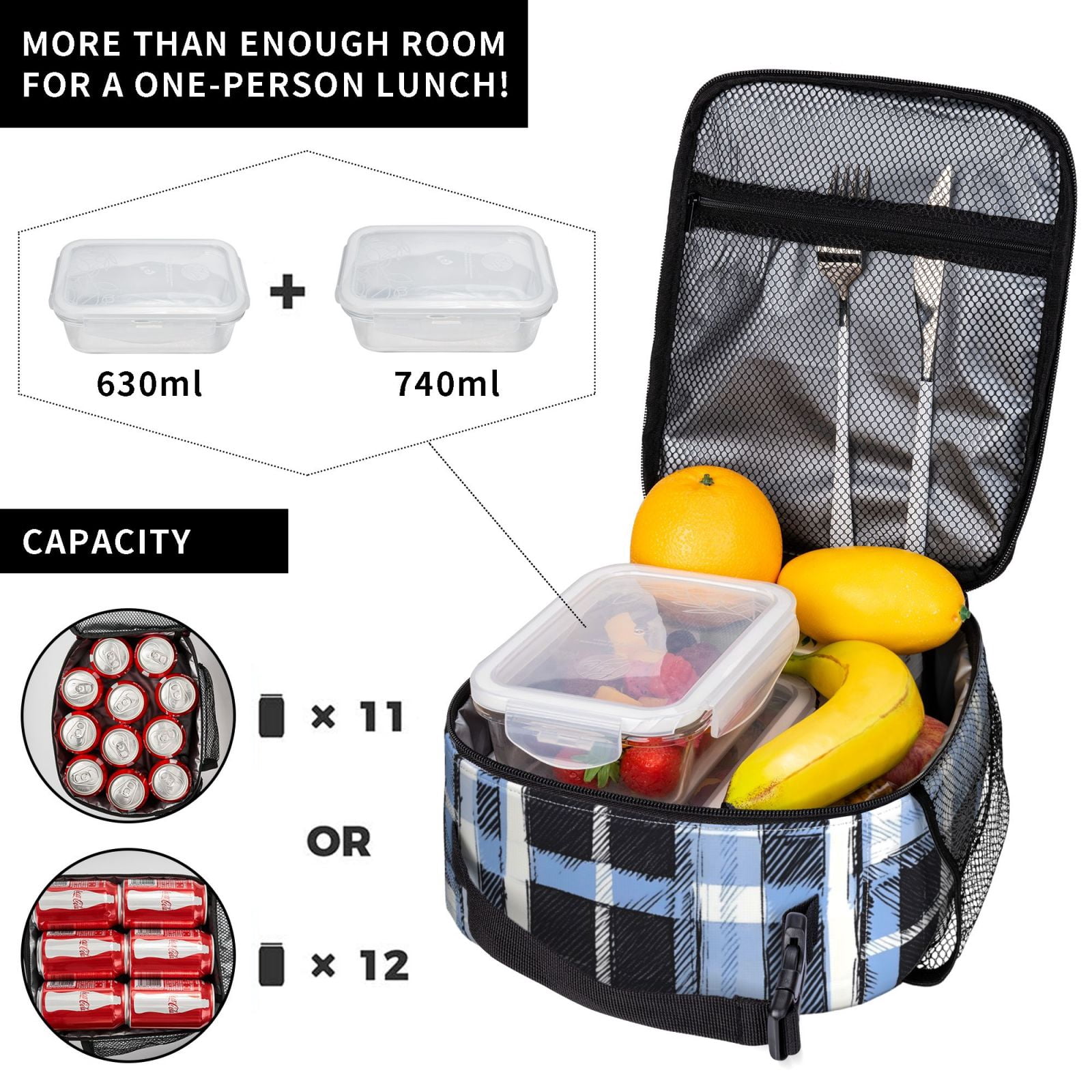 Lunch Bag For Women Men Insulated Portable Lunch Box Bento Box Office Picnic Travel Cooler Bag Mediumblue Houndstooth Buffalo Plaid Tartan Check Scotland Hand-Drawn Sketch_3