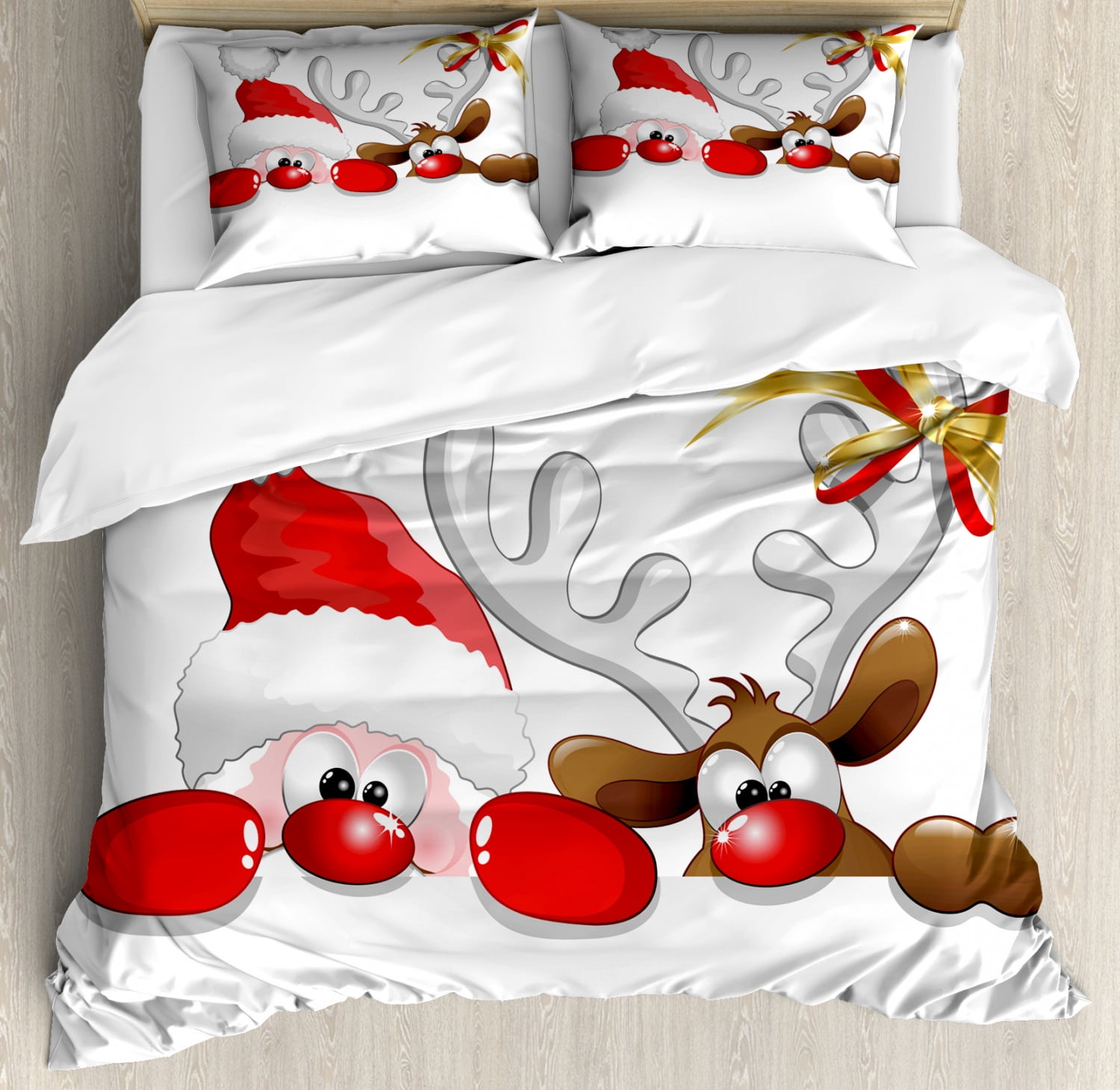 Ambesonne Christmas Duvet Cover Set, Funny Christmas Santa Claus and Reindeer Peeking Cartoon Style Humor, Decorative 3 Piece Bedding Set with 2