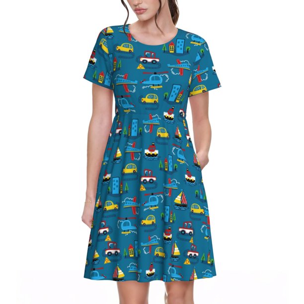 Disketp Transportations with Buildings para Vestido de Manga Corta para Mujeres, Vestidos de Verano para Mujeres, Casual y Holgado para la Playa