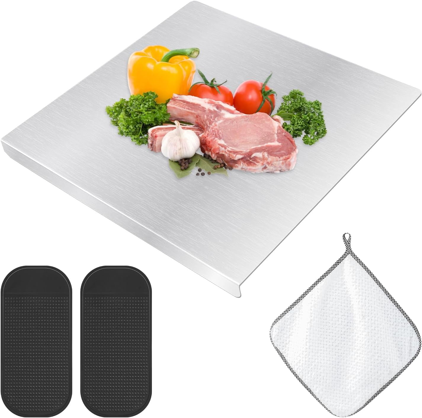 RGHJAR-Stainless Steel Cutting Boards with Counter Lip for Kitchen, Metal Chopping Board over Sink with for Countertop Cutting Meat,Fruits,Vegetables, with Silicone Mat and Rag(SIZE:30x30cm/12x12inch