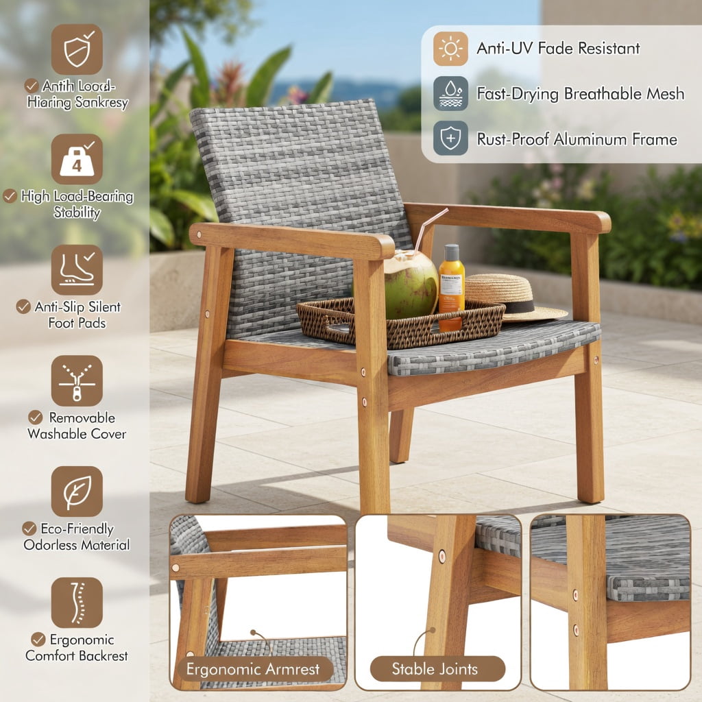 Hommoo 3-Piece Outdoor Patio Furniture Set, PE Rattan Chairs + Acacia Wood Coffee Table, Weather-Resistant, Ideal for Garden, Poolside & Courtyard, Gray & Natural