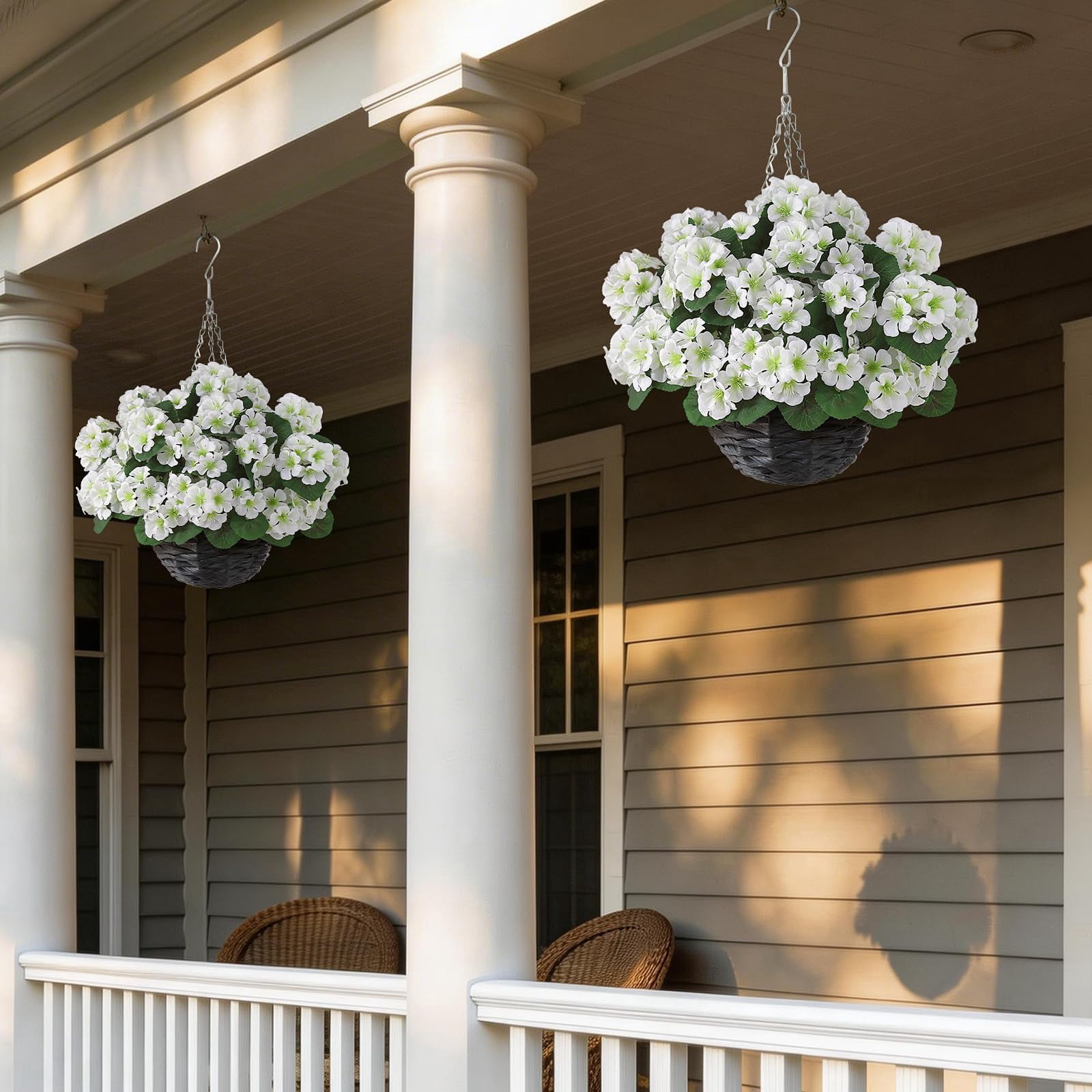 2 Set Artificial Geraniums Flowers with Hanging Baskets for Outdoors - Sun Resistant Silk with Geranium Flowers, Fake Hanging Planters for Front Porch Garden Patio Home Decor (Red)