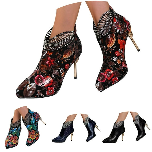 Dakaela Women's Stiletto High Heel Ankle Booties Pointy Toe Floral Dress Pumps Short Ankle Boots Shoes