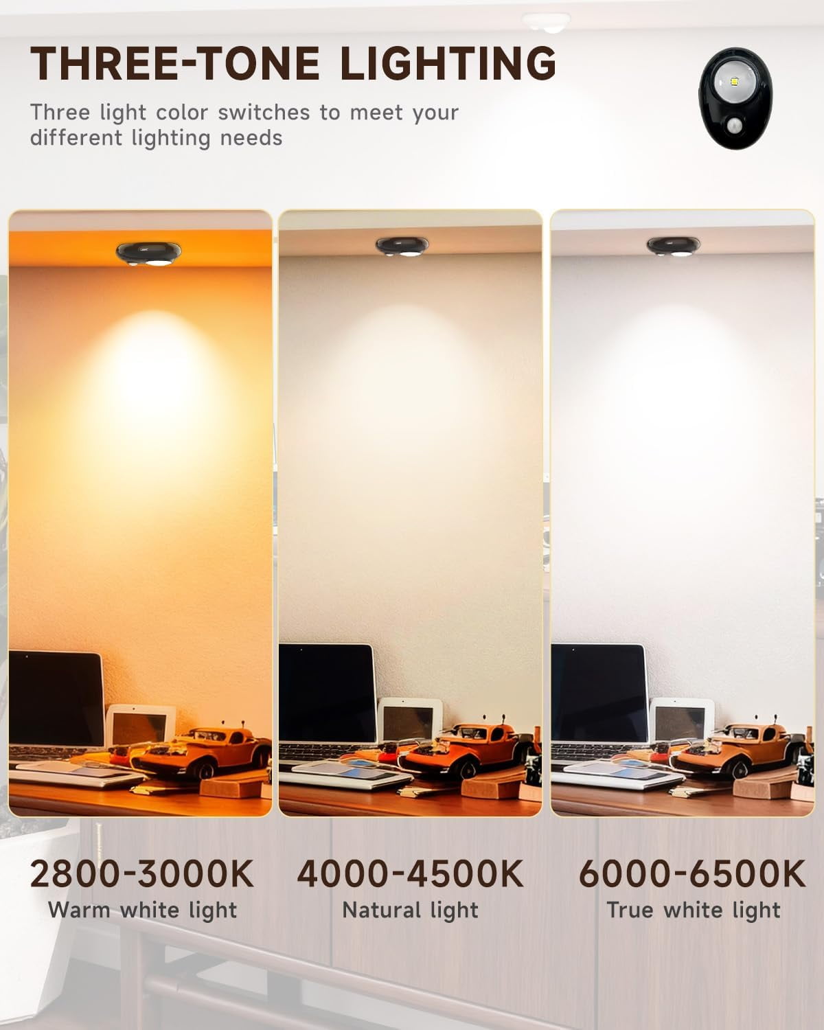 JJEAN-LED 500mAh Rechargeable Battery Puck Lights,Smart Sensor Night Light,3 Color Tap Lights,Wireless Closet Light,Under Cabinet Lighting,Magnetic Sitck On Lights for Kitchen,Closet,Pantry,Shelves(3