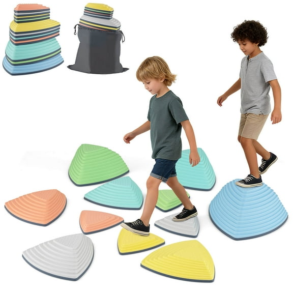 Costway Set of 11 Non-Slip Balance Stones with Storage Bag for Motor Skills, Strength