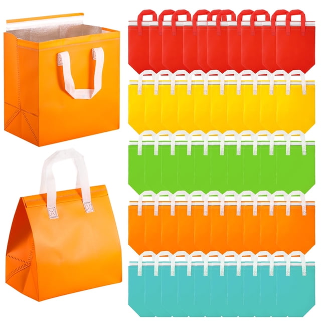 50 bolsas aisladas para llevar, 9,5 x 9,3 x 5,8 pulgadas, bolsa de entrega portátil autoadhesiva, bolsa de transporte térmica con aislamiento térmico de 5 colores para café, bolsa de almacenamiento de