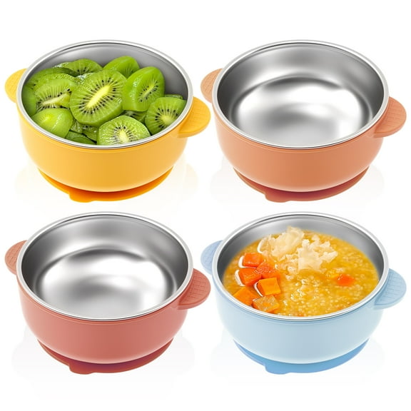 4 Pcs 304 Stainless Steel Baby Bowls with Removable Silicone Sleeve Non Slip Toddler Suction Bowls Snack Containers for Toddlers Kids Feeding