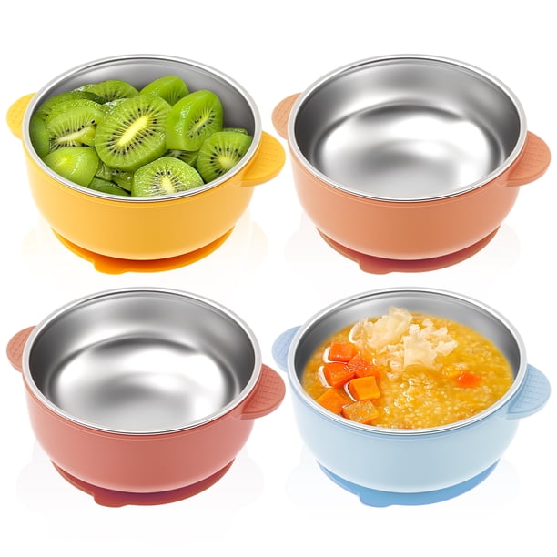4 Pzas de Tazones para Bebé de Acero Inoxidable 304 con Funda de Silicona Removible, Tazones Antideslizantes con Succión para Niños Pequeños, Contenedores de Refrigerios para Alimentación de Niños