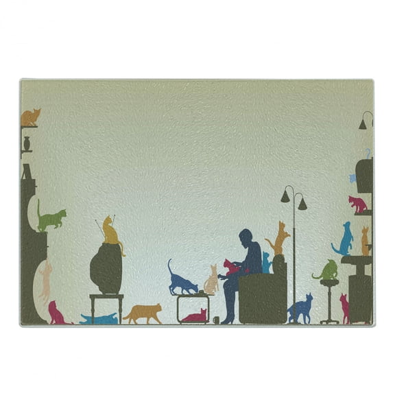 Modern Cutting Board, Colorful Art of an Human Being in Normal City Life Crazy Cat Lady Image Print, Decorative Tempered Glass Cutting and Serving Board, Small Size, Multicolor, by Ambesonne