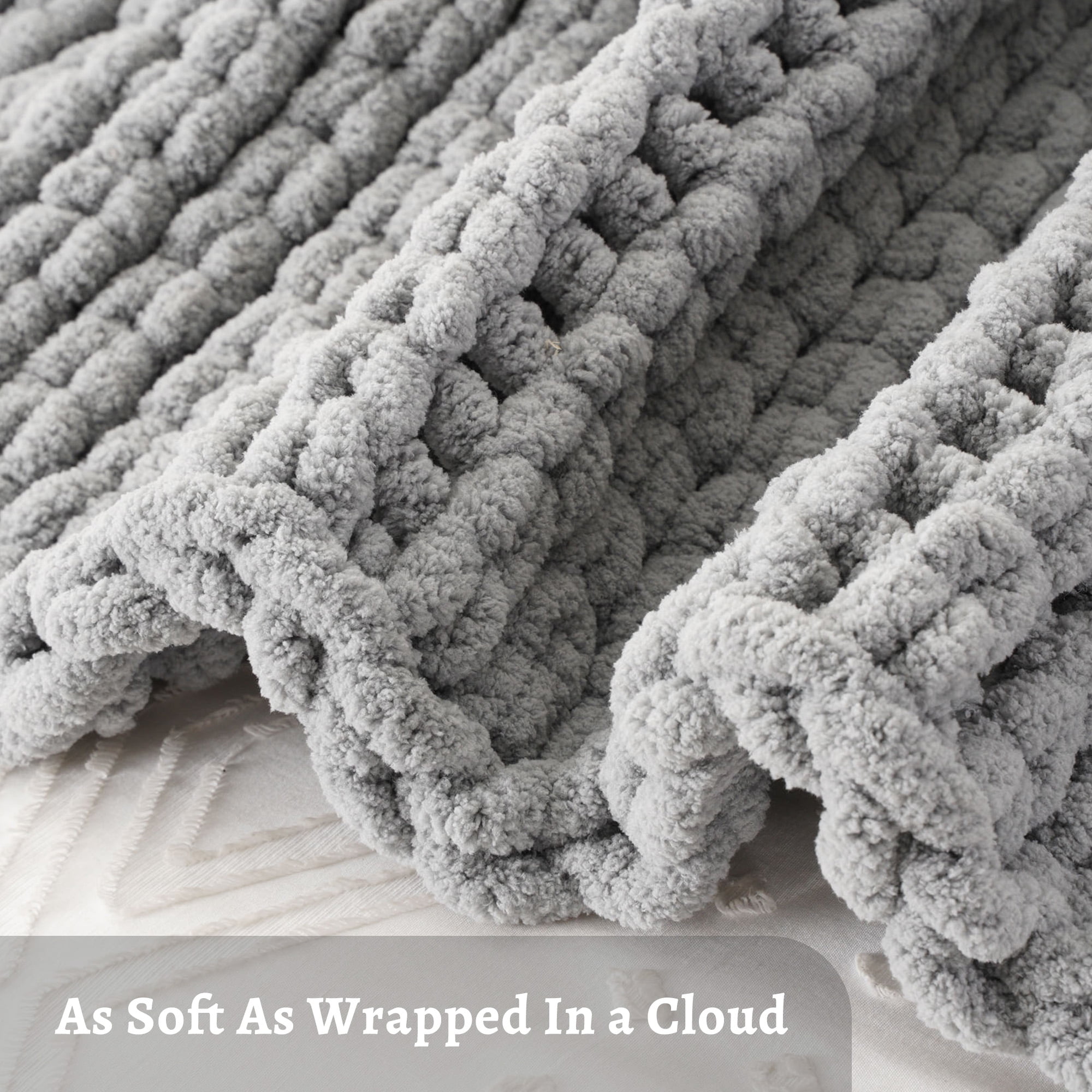 Battilo Light Grey Chunky Knit Throw Blanket,Handmade Cable Knit Crochet Blanket for Couch,50"x60"