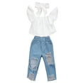 thumbnail image 1 of Gureui 3 Pcs Toddler Girls Jeans Set, Off Sloulder Top Ruffle Blouse + Blue Ripped Long Jeans + White Bowknot Headband Suits, 1 of 7