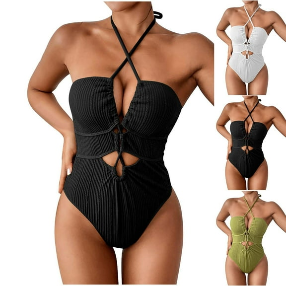ZZwxWA Women's Cross Tie Back Halter Monokini Swimsuit One Piece Cut Out Belly Control Bathing Suit