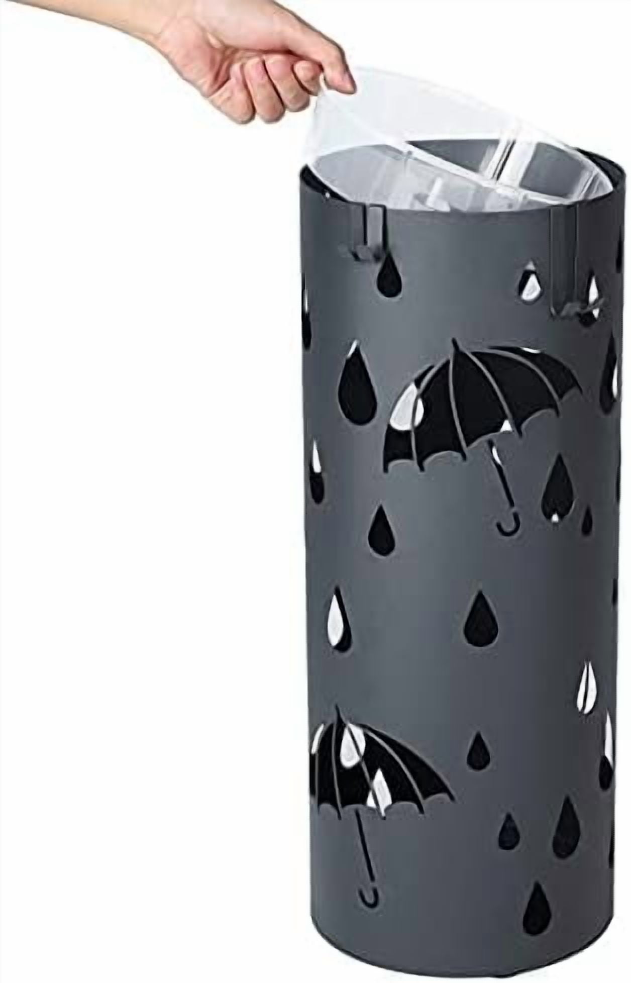 Umbrella Stand, Metal Umbrella Holder for Entryway, with Water Tray and 4 Hooks, 7.7 x 7.7 x 19.3 Inches, Round, Anthracite Gray ULUC23AG