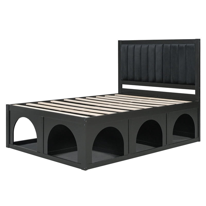 Full Size Pet-Friendly Platform Bed with Under-Bed Pet Nooks, Heavy Duty Wooden Storage Bed Frame with Padded Headboard