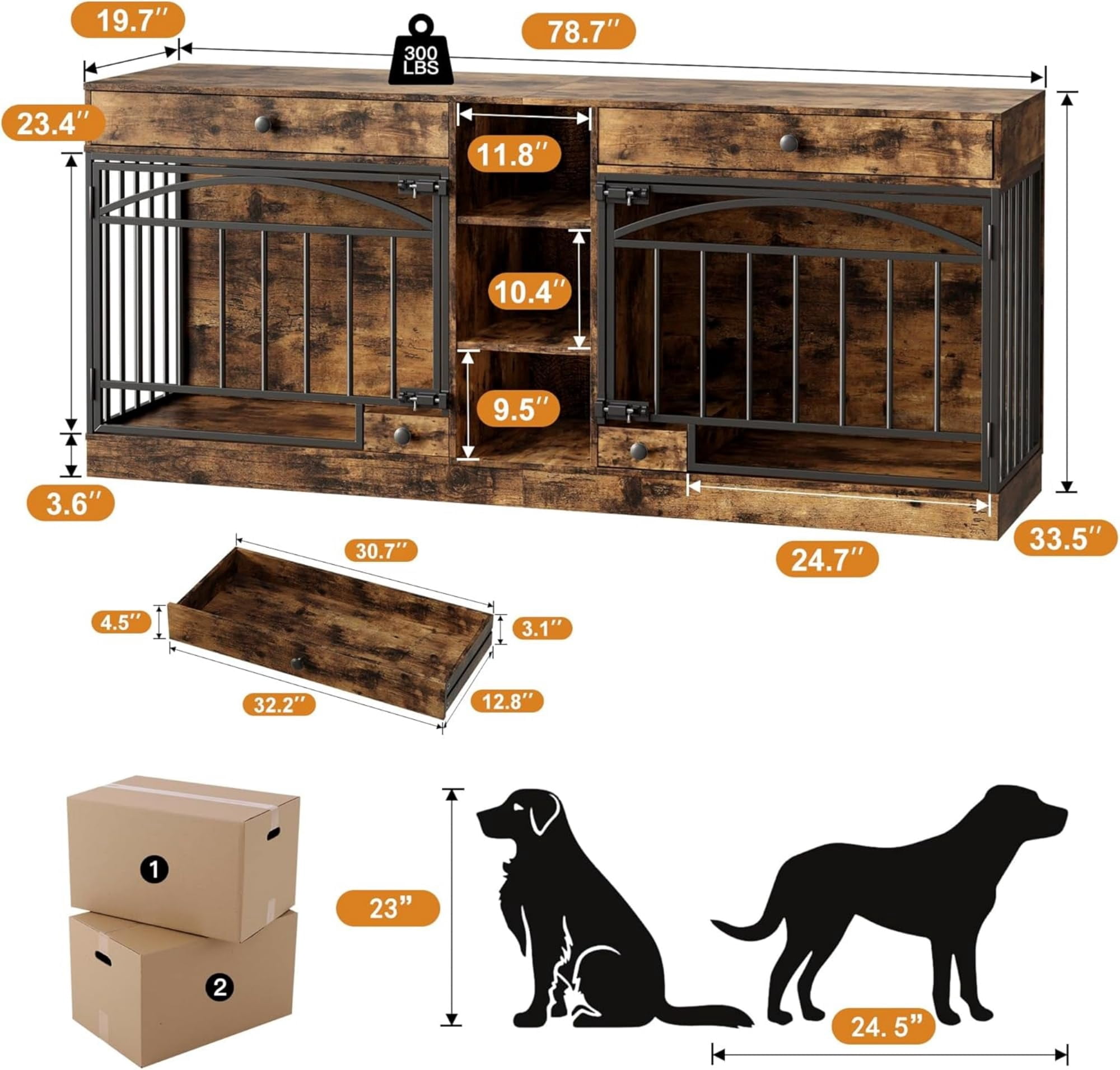 Accreate Dog Crate Furniture for 2 Dog, 78.7'' Large Dog Kennel Indoor with 2 Storage Drawers, 3 Shelves and Feeding Bowls, Double Dog Crate TV Stand for Small and Medium Dogs