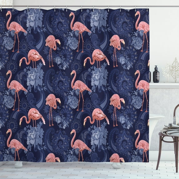 Ambesonne Jacobean Shower Curtain, Exotic Floral Flamingos, 69"Wx70"L, Indigo Pink