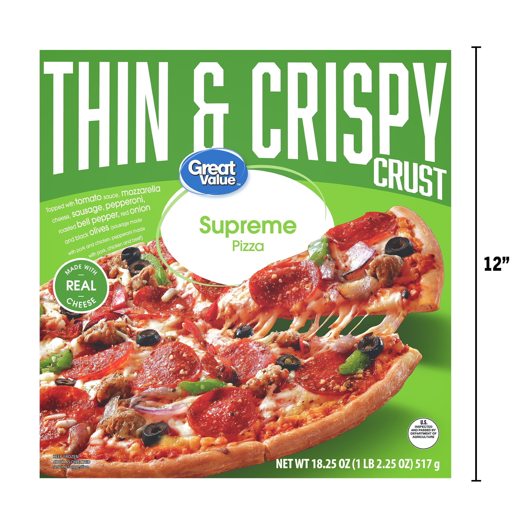 Great Value Thin Crust Supreme Pizza, Tomato Basil Garlic Sauce, 18.25 oz (Frozen)