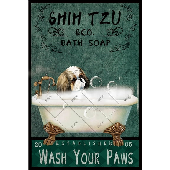 Noete Dog Metal Tin Sign Vintage Wash Your Paws Bathroom Decor, 12x16 Inch Rustic Pet Art for Living Room, Toilet & Home Wall Shih Tzu & Dog Lover Gift