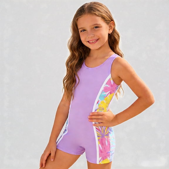 Krdevn Girls One Piece Swimsuit Sleeveless Base Colorful Tropical Floral Print Short Leg UPF 50 Summer Beach Pool Swimwear,5-6 Years