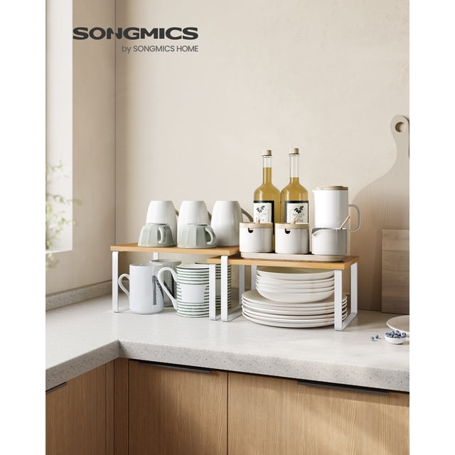 SONGMICS Estante para Especias, Juego de 2, Organizador de Armario, Especiero de Cocina Extensible, Blanco y Natural