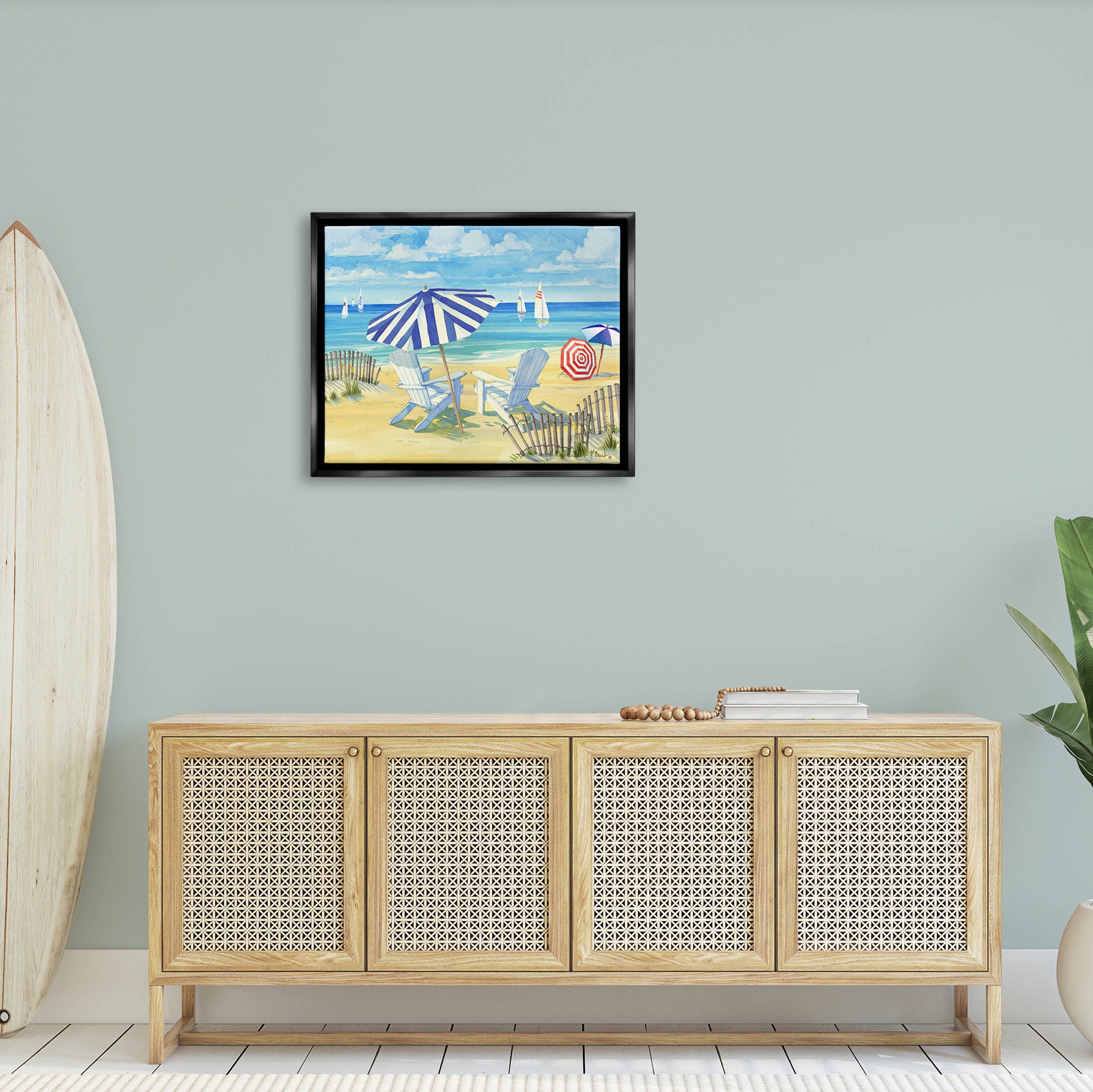 Stupell Industries Summer Sun Sailboat Chairs Painting Jet Black Floating Framed Canvas Print Wall Art, Design by Paul Brent