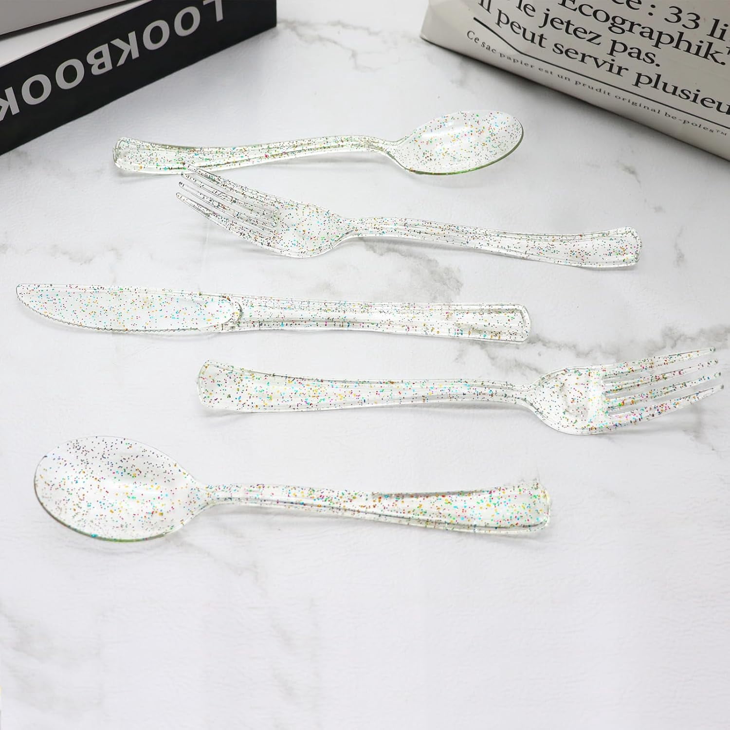 150 Pack Clear Plastic Silverware - Disposable Cutlery with Colorful Design, Includes 50 Forks, 50 Knives, 50 Spoons for Birthday, Wedding, Baby Shower