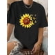 thumbnail image 1 of Camiseta con estampado de girasoles para mujer, estilo retro, cuello redondo, manga corta, algodón, lavable a máquina, en negro con diseño en amarillo y naranja, ideal para practicar deporte., 1 of 5
