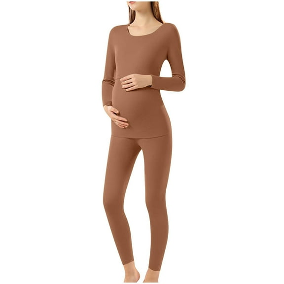 ZACPNCV Women Maternity Pajama Set Nursing Pjs Double Layer Long Sleeve Top & Pants Breastfeeding Pregnancy Set with Pockets Brown L