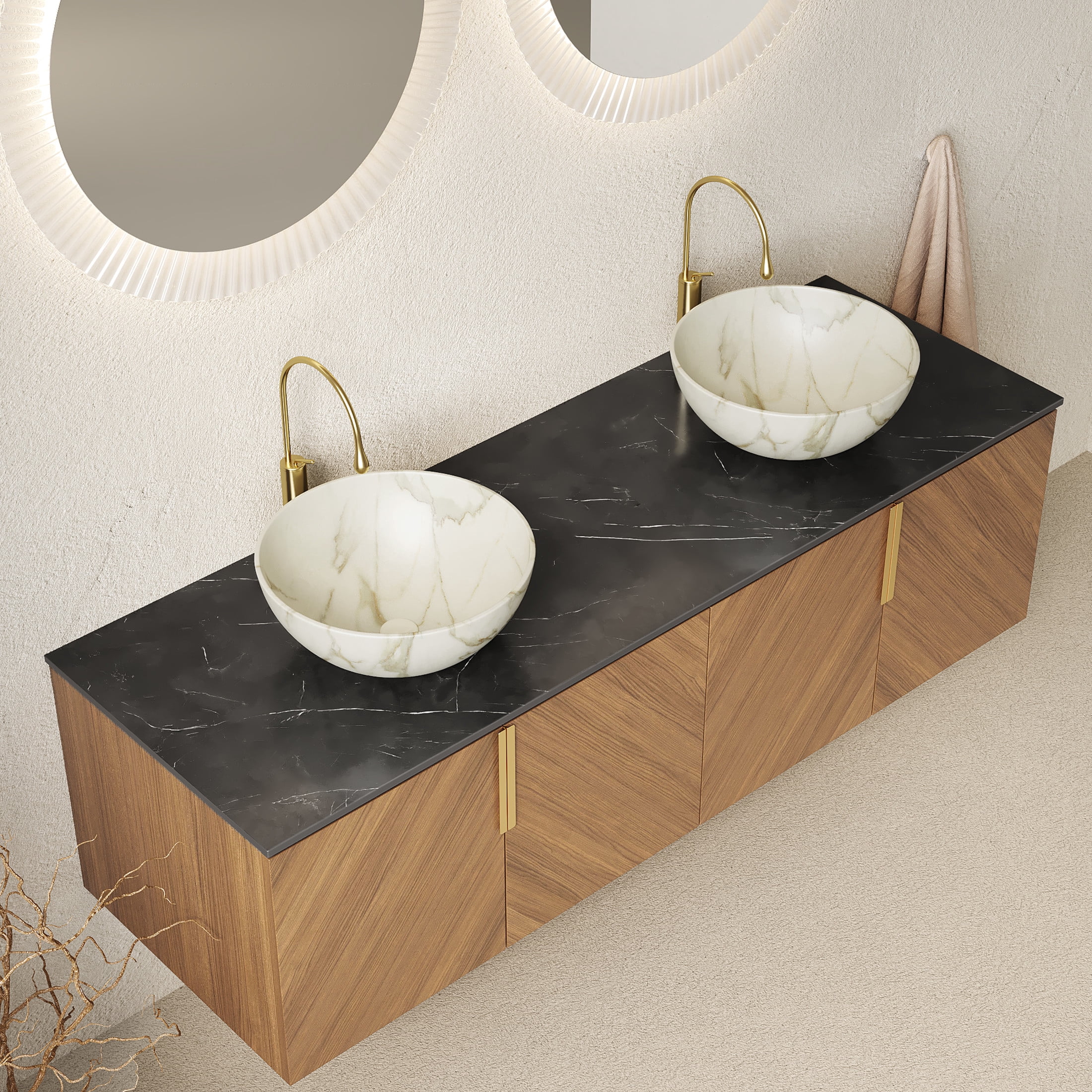 Noble House ARAI 60" Floating Double Bathroom Vanity, Sintered Stone Top Cabinet with Dual White Bowl Sink, Oak