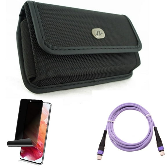Purple 10ft PD Cable & Case Belt Clip & Privacy Screen Protector for Samsung Galaxy S22 (6.1") - Type-C to USB-C Fast Charger Cord & Rugged Holster & TPU Film Fingerprint Works Accessory Bundle