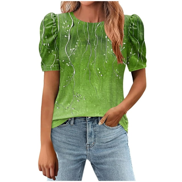 KIHOUT Nouveau Haut de Mode d'Été pour Femmes 2025, T-Shirt à Manches Courtes et Col Rond Imprimé, Ample, Vert Armée m