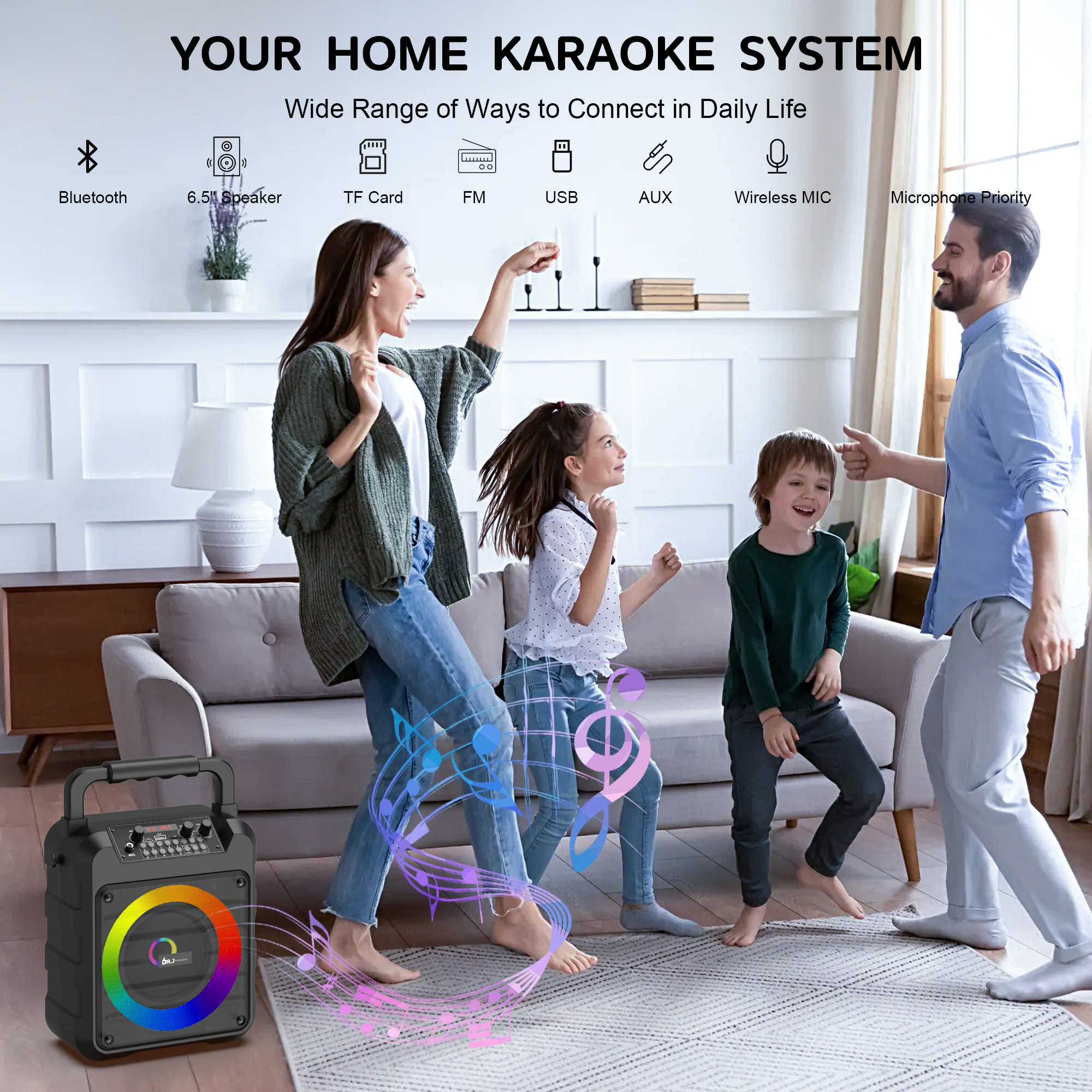 Karaoke Machine with 2 Wireless Microphones, Portable 30W Home Speaker System for Adults with Disco Lights and Strap