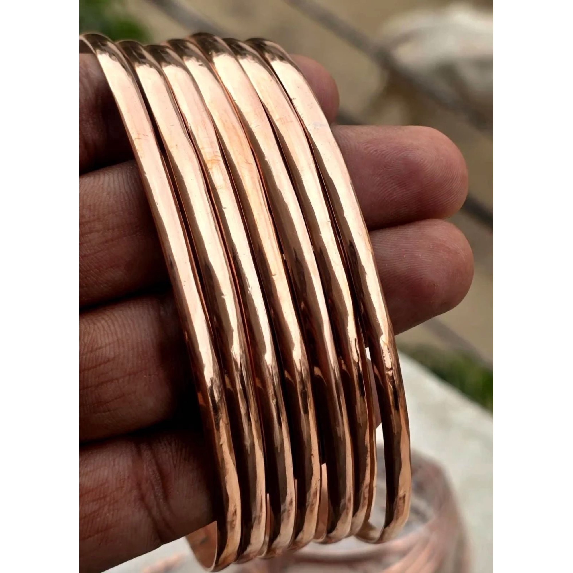 Handmade Hammered Pure Copper Bangle Set for Women, 7 Piece Traditional Metal Bracelets, Textured Adjustable Indian Jewelry