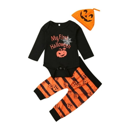 2019 Halloween Toddler Baby Boys Girl Clothes Set Autumn Long Sleeve Pumpkin Bodysuit Tops Pants Hat Outfits 3Pcs