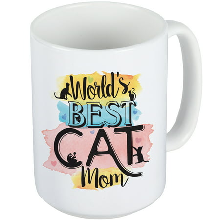 Cute & Colorful World's Best Cat Mom Ceramic Mug Holds - 14 Oz w/ Gift (Best Gifts For Busy Moms)