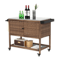 thumbnail image 3 of IVV Outdoor Bar Cart on Wheels, Patio Wicker Serving Cart w/ Stainless Steel Top & Open Shelf & Side Basket, Rolling Storage Cabinet Beverage Table for Backyard, Poolside, Garden (Brown), 3 of 10