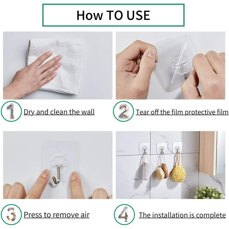 Large Adhesive Hooks 44Ib(Max), Wall Hooks Self-Adhesive Traceless Clear  and Removable, Waterproof and Rustproof Hooks for Hanging for Home Bathroom