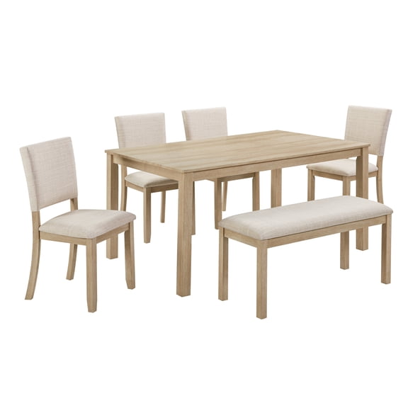 6 Piece Dining Table Set with Bench, Light Oak Wooden Kitchen Table Set and 4 Upholstered Chairs, Rectangular 6-Person Dining Room Set for Living Room Kitchen, Beige and Light Oak