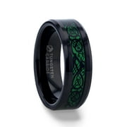ALLURE Black Dragon Design with Green Background Inlaid Black Tungsten Men's Ring with Clear Coating and Beveled Edge - 8mm
