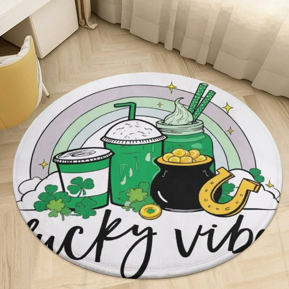 Lucky Vibes St Patrick's Day Graphic Round Area Rugs for Bedroom Living Room, 4FT Soft Comfy Indoor Circle Carpets, Floor Mat