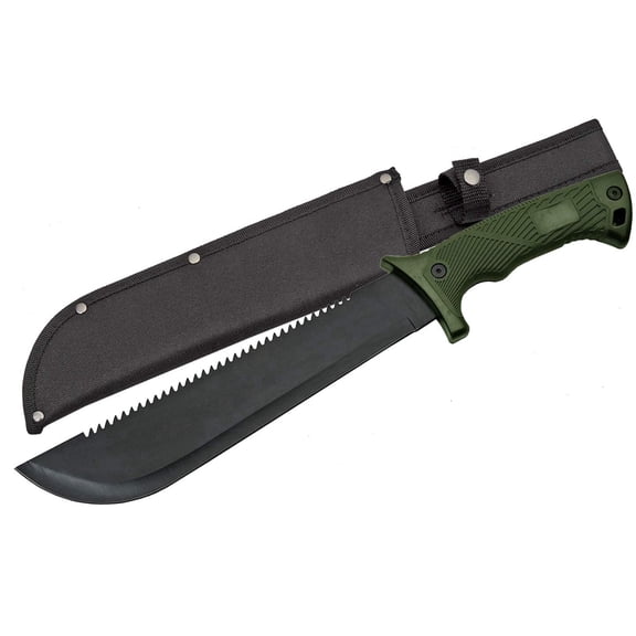 Rite Edge 16 Inch Field Hunter Machete with Saw Back Black Stainless Steel Blade Green Rubber Handle Nylon Sheath Outdoor Camping Cutting Tool