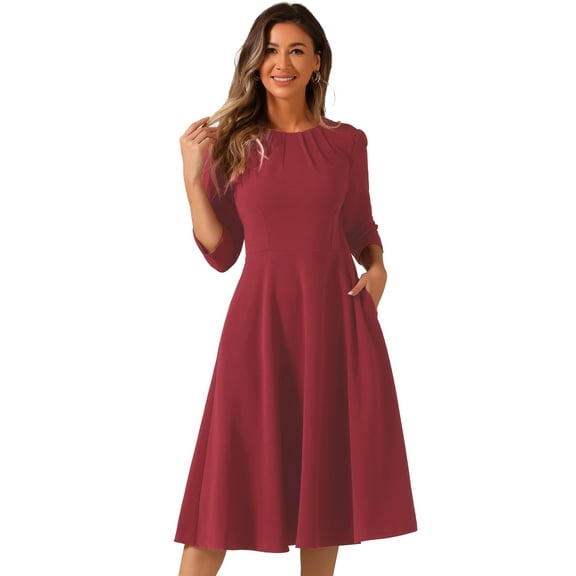 DARING DIVA 3/4 Sleeve A-Line Midi Work Dress XS Dark Red