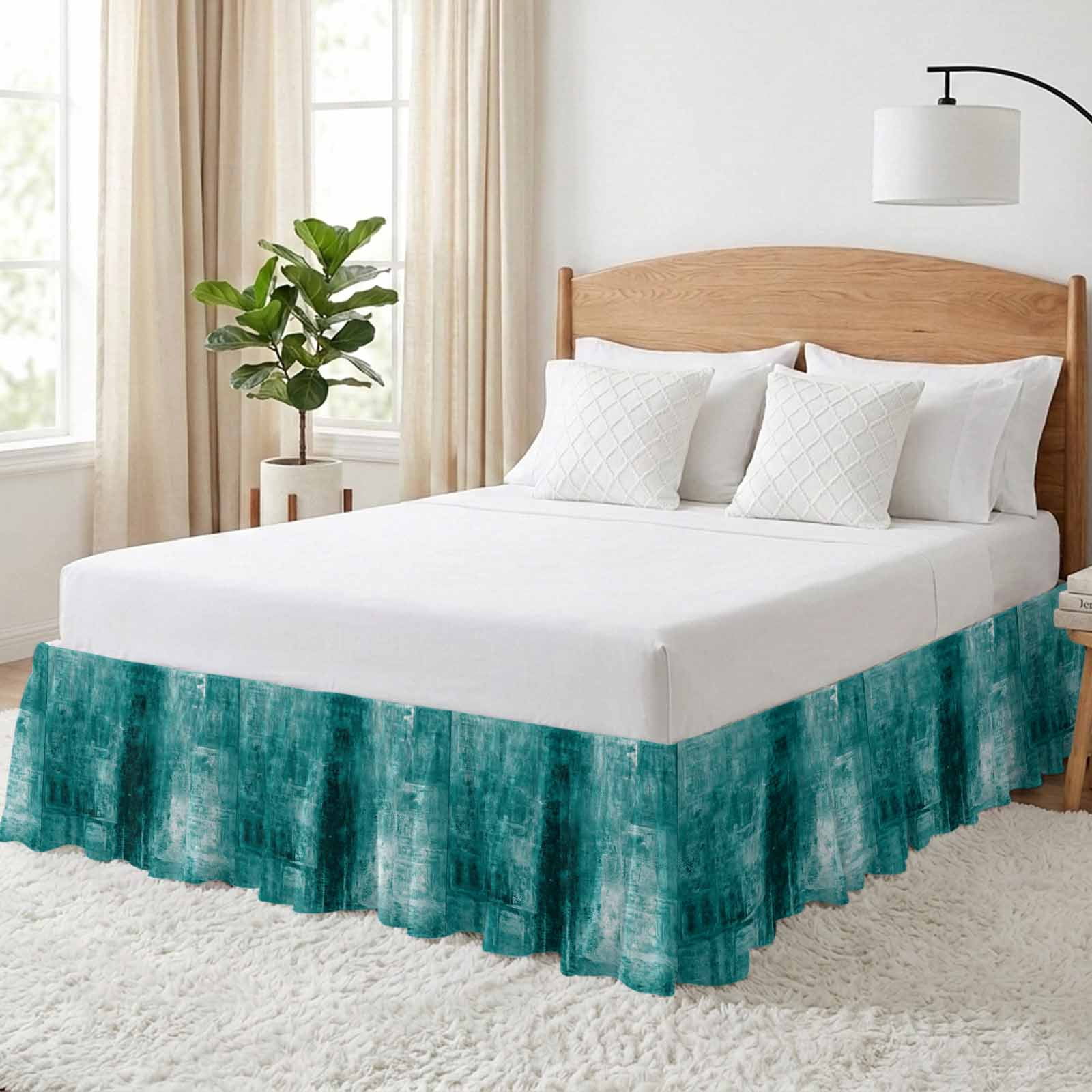 Teal Bed Skirt King Size 16 Inch Drop, Adjustable & Elastic Wrap Around Bed Skirts Pleated Dust Ruffles For Twin Full Queen Cal King Base Beds, Retro Oil Painting Modern Abstract Art Aesthetics