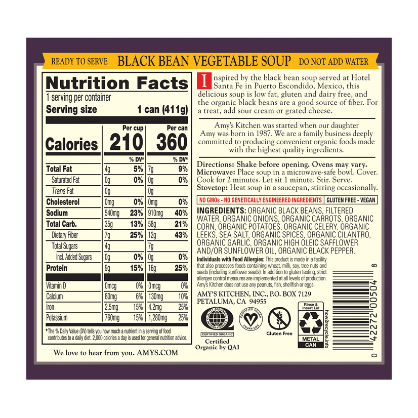Buy Amy's Organic Black Bean Vegetable Soup, Vegan, Low Fat, 14.5 oz