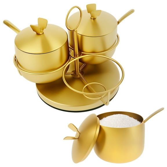 Fvkrnyz 3 Pcs 304 Stainless Steel Sugar Container with Lid and Spoon Gold Sugar Bowl Rotating Salt Jar Seasoning Can