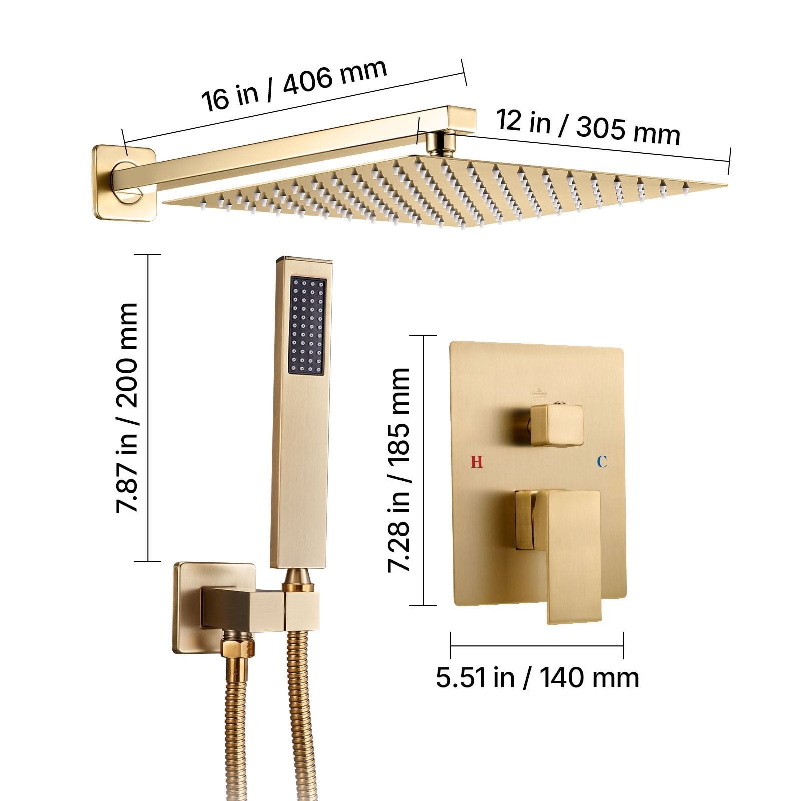 Rainfall Shower System with 12" Square Head, Handheld Spray, Brass Valve, Brushed Gold, for Bathroom Wall Mount