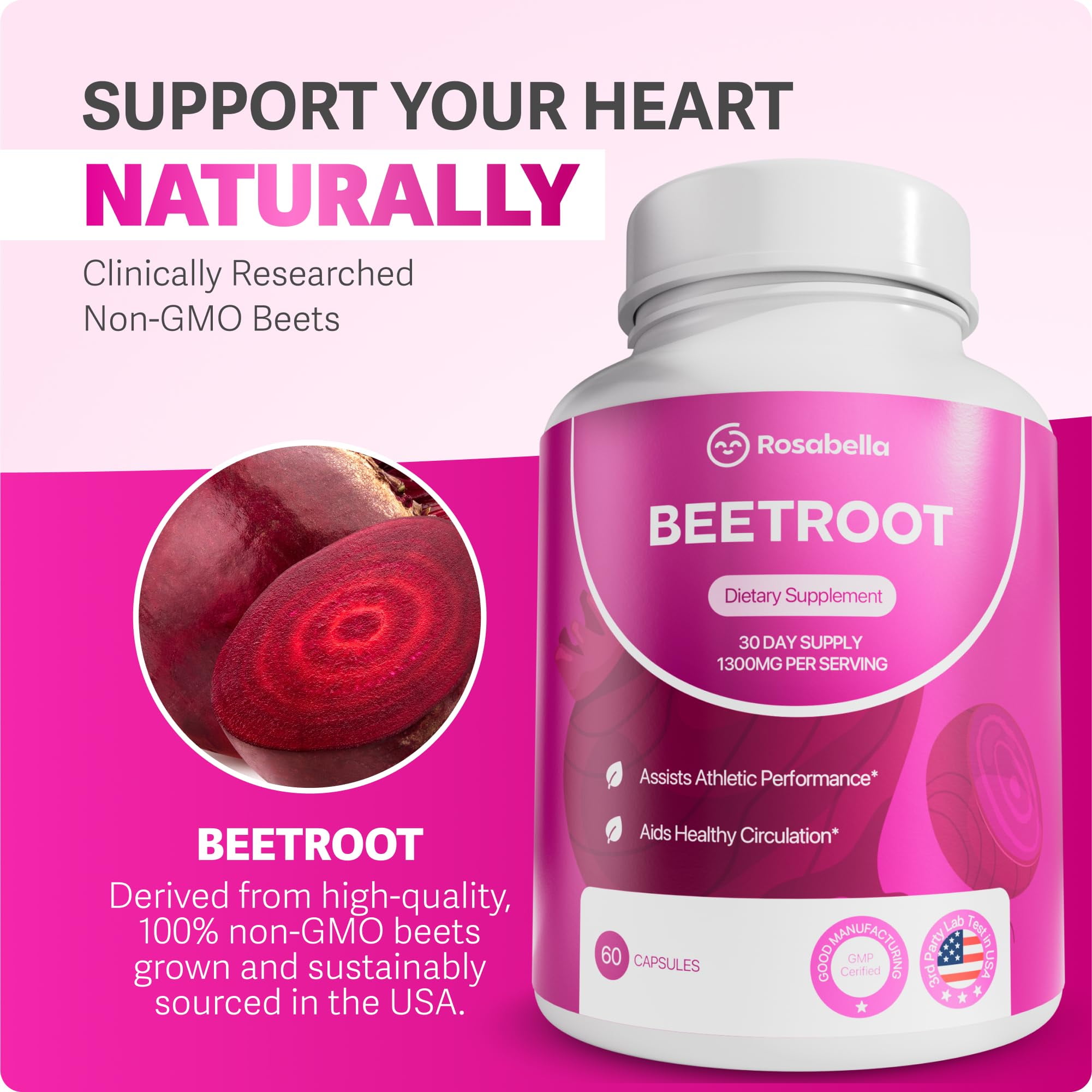 Rosabella Organic Beet Root Capsules - 1300mg Beet Root Powder Aids Healthy Circulation & Vitality, Non-GMO, Beet Root Supplement - 60 Capsules, 30-Day Supply