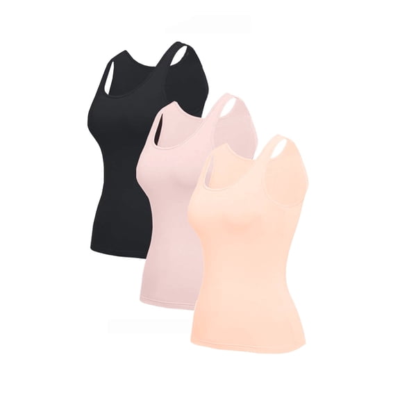 3PCS Women's Camisole with Built in Bra Tank Tops for Layering Stretch Casual Undershirts Wider Strap